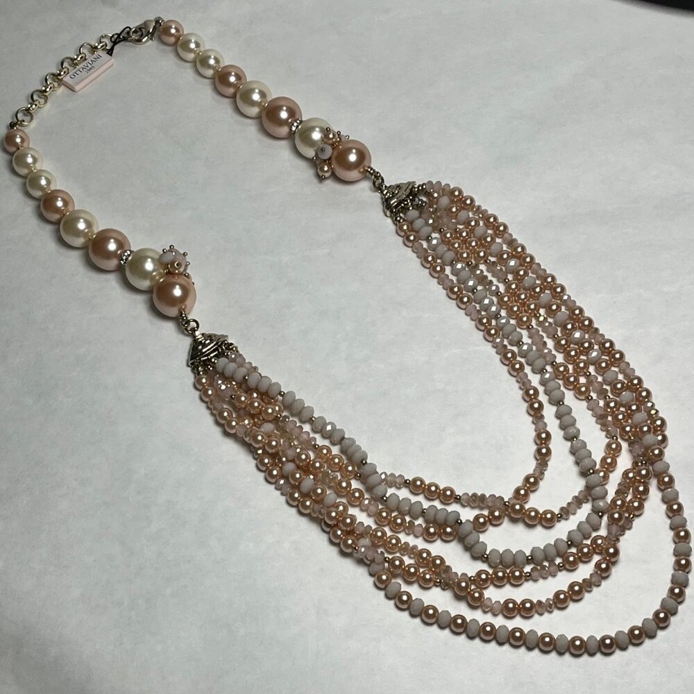 Multi-Strand Pearl & Bead LONG Necklace By Ottaviani BIJOUX Pink & White